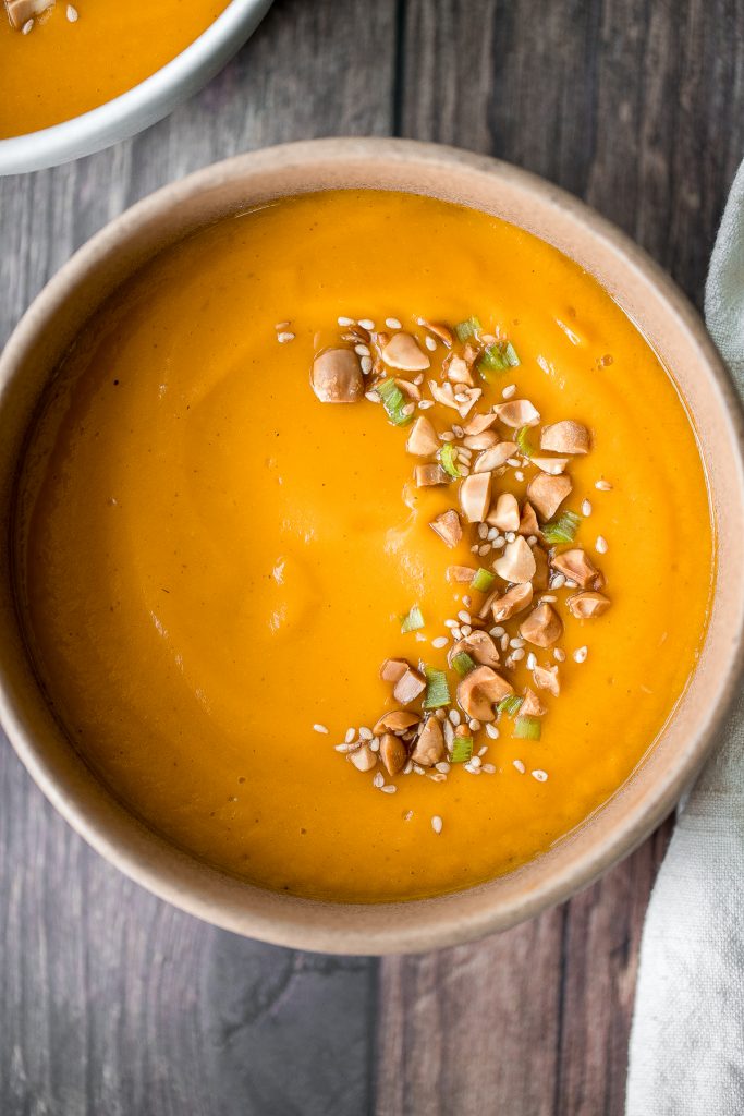 One pot sweet potato soup is super silky, creamy and vegan, and packed with fall flavours. Make this quick and easy fall and winter soup in 30 minutes. | aheadofthyme.com