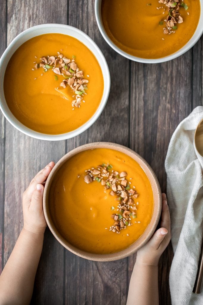 One pot sweet potato soup is super silky, creamy and vegan, and packed with fall flavours. Make this quick and easy fall and winter soup in 30 minutes. | aheadofthyme.com