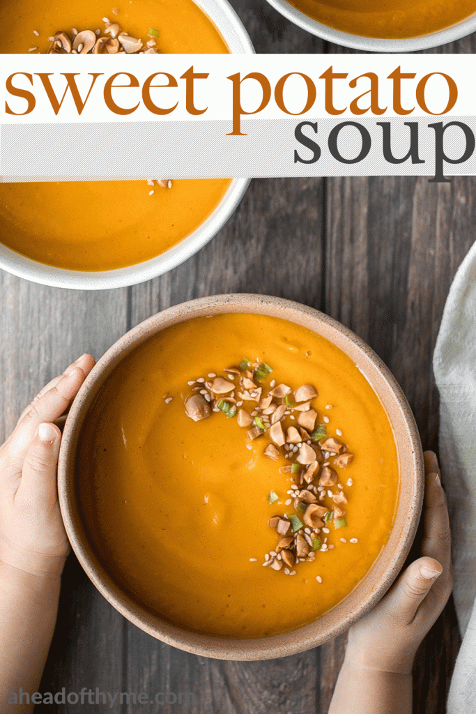 One pot sweet potato soup is super silky, creamy and vegan, and packed with fall flavours. Make this quick and easy fall and winter soup in 30 minutes. | aheadofthyme.com