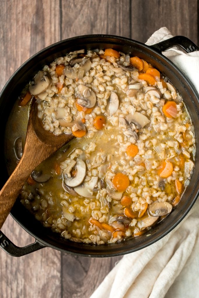 Wholesome hearty vegetarian mushroom barley soup is healthy, filling, and so delicious. This one pot meal is easy to make with just 10 minutes of prep. | aheadofthyme.com