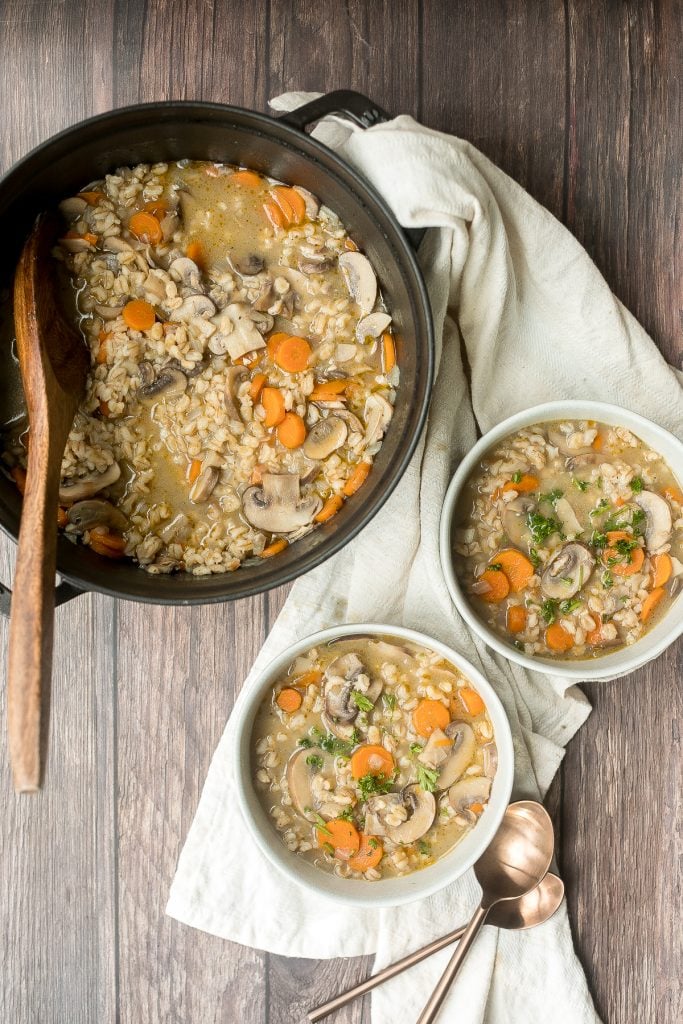 Wholesome hearty vegetarian mushroom barley soup is healthy, filling, and so delicious. This one pot meal is easy to make with just 10 minutes of prep. | aheadofthyme.com