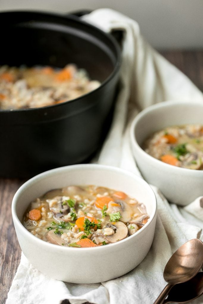 Wholesome hearty vegetarian mushroom barley soup is healthy, filling, and so delicious. This one pot meal is easy to make with just 10 minutes of prep. | aheadofthyme.com