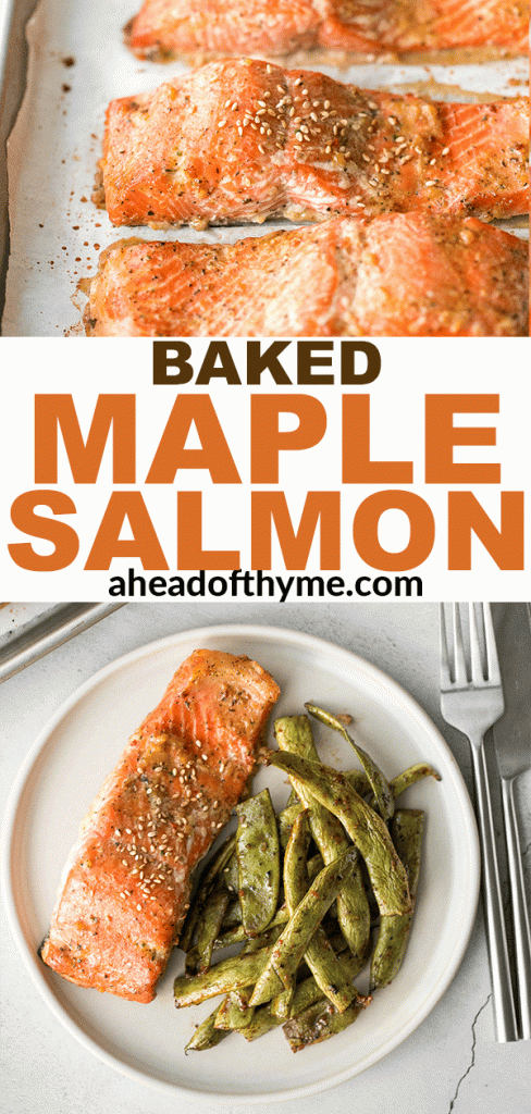 Quick and easy baked maple salmon is so delicious, flaky and flavourful with the perfect balance between sweet and savoury. The best weeknight dinner. | aheadofthyme.com
