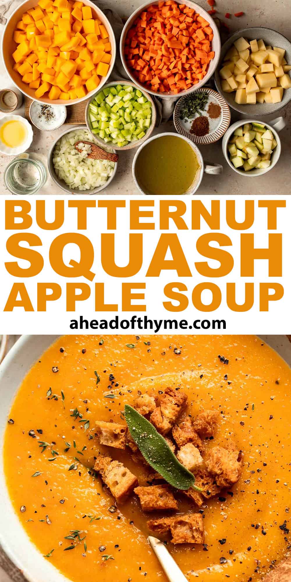 Butternut Squash Apple Soup is healthy and simple yet packed with so much flavour. Top this easy vegan soup with a layer of homemade toasted croutons. | aheadofthyme.com