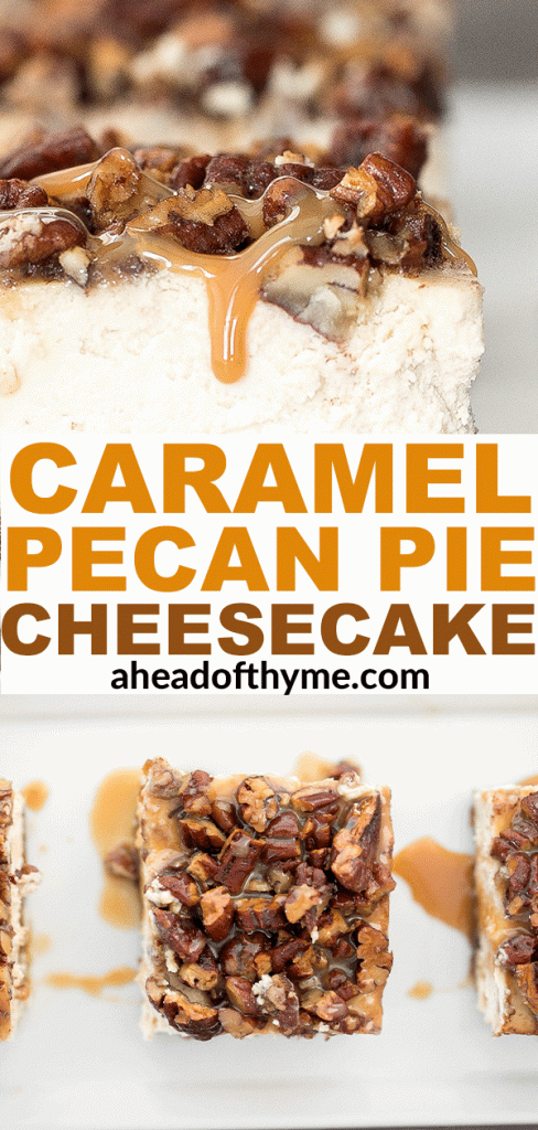 Decadent caramel pecan pie cheesecake bars with a graham cracker crust, cheesecake filling, and caramel pecan topping is perfect for Thanksgiving this fall. | aheadofthyme.com