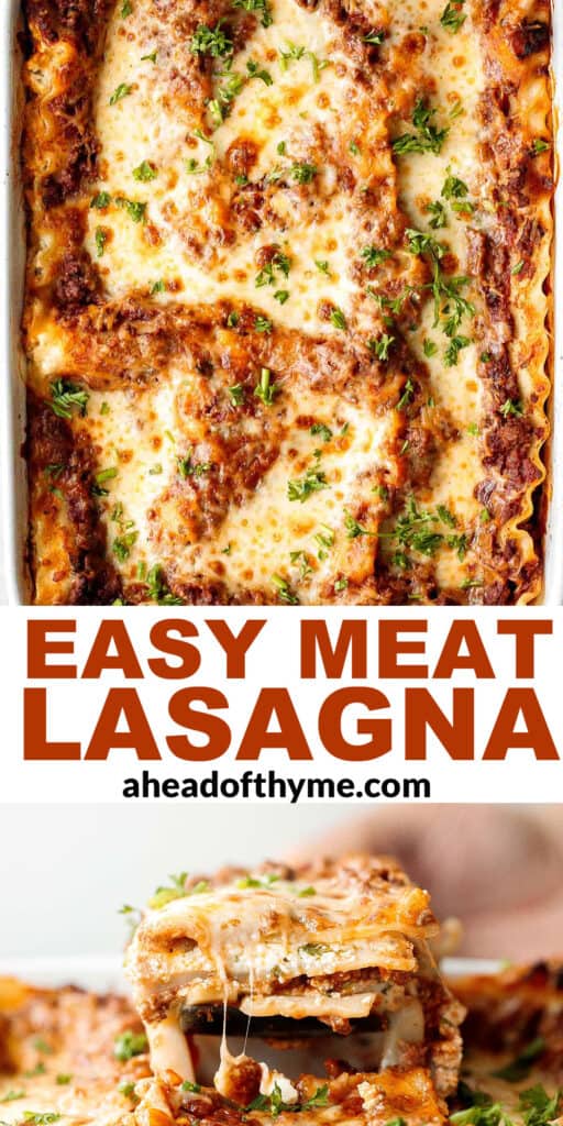 Easy Meat Lasagna is a classic, hearty, homemade pasta dish layered with beef sauce, ricotta, mozzarella, and parmesan — perfect for cozy family dinners. | aheadofthyme.com
