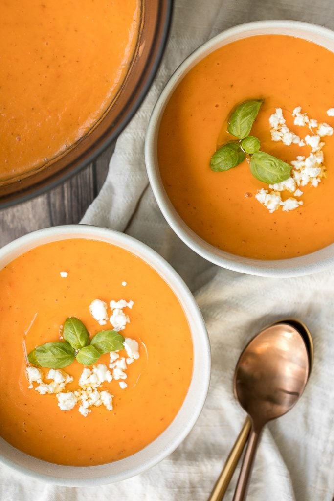 Make this silky smooth and creamy tomato potato soup in under 25 minutes. This gluten-free vegan soup is healthy and filling and the easiest weeknight meal. | aheadofthyme.com