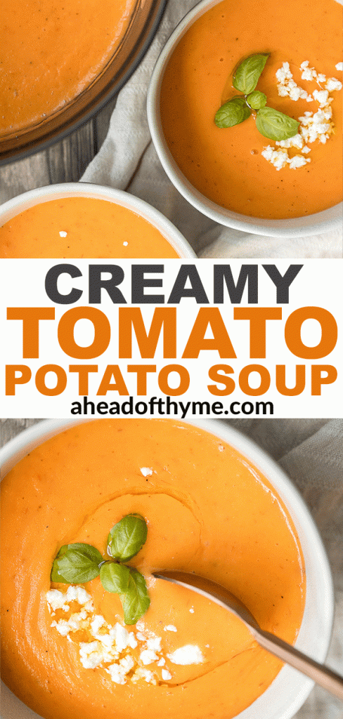 Make this silky smooth and creamy tomato potato soup in under 25 minutes. This gluten-free vegan soup is healthy and filling and the easiest weeknight meal. | aheadofthyme.com
