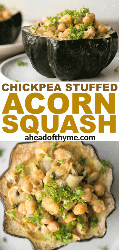Wholesome, hearty, curried chickpea stuffed acorn squash with curry flavours is the perfect vegan and gluten-free fall comfort food for your holiday dinner. | aheadofthyme.com