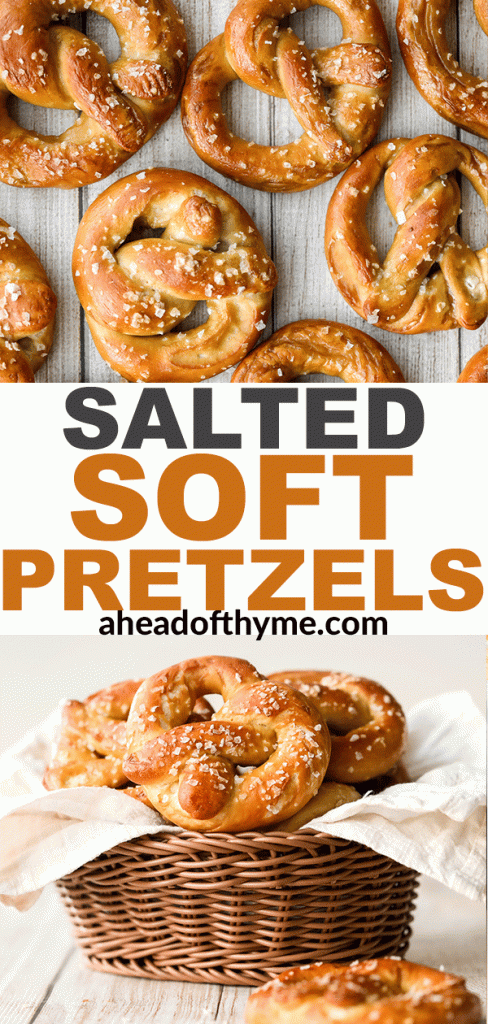 The best quick and easy salted soft pretzels are buttery, salty, and so delicious. They are golden brown and chewy on the outside, yet warm and soft inside. | aheadofthyme.com