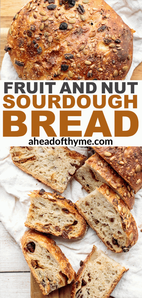 Fruit and nut sourdough bread is chewy and airy with a crunchy crackly crust is so delicious, packed with dried figs, raisins, walnuts, and seeds. | aheadofthyme.com