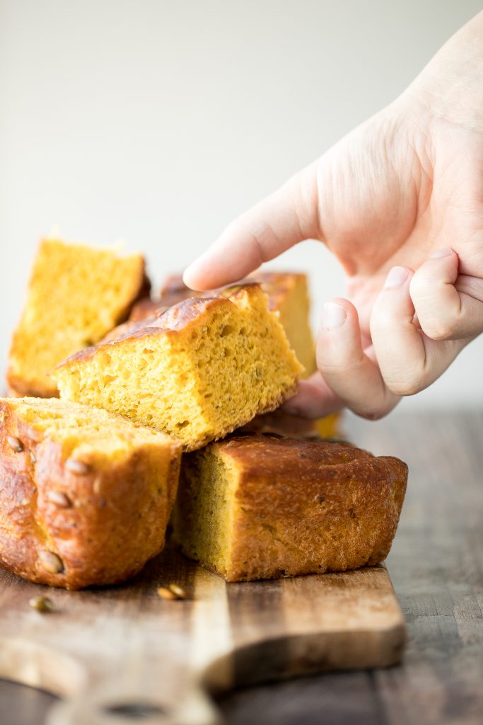 Delicious, easy pumpkin focaccia bread with fresh herbs is soft, fluffy, and springy, yet so crispy on the outside. Just 15 minutes of actual prep required. | aheadofthyme.com
