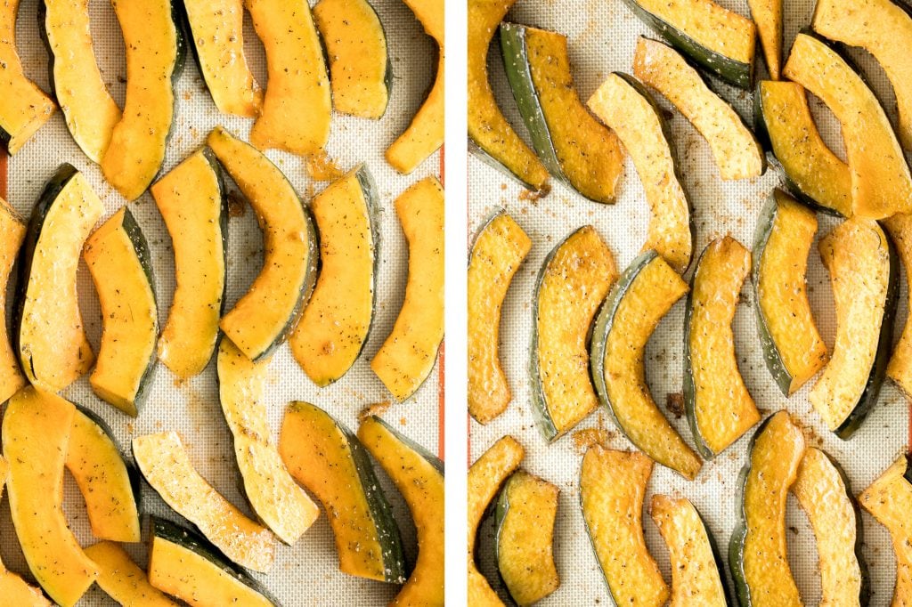 Soft and tender, easy roasted pumpkin wedges with Parmesan cheese is the easiest and most delicious side dishes to make this fall. Prep it in just minutes. | aheadofthyme.com