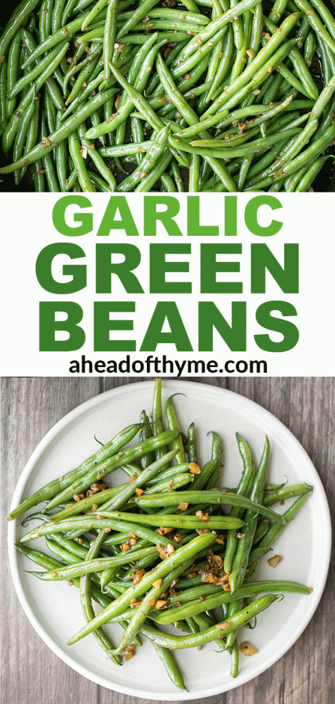 Buttery sautéed garlic green beans is a simple side dish that is quick, easy and delicious. Make these vibrant, crispy and tender green beans in 10 minutes. | aheadofthyme.com