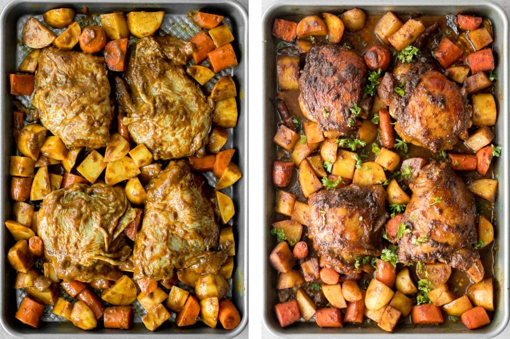 Sheet pan curry chicken and vegetables with tender chicken thighs marinated in a delicious flavourful curry marinade is a complete one pan dinner. | aheadofthyme.com