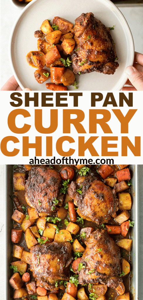 Sheet pan curry chicken and vegetables with tender chicken thighs marinated in a delicious flavourful curry marinade is a complete one pan dinner. | aheadofthyme.com
