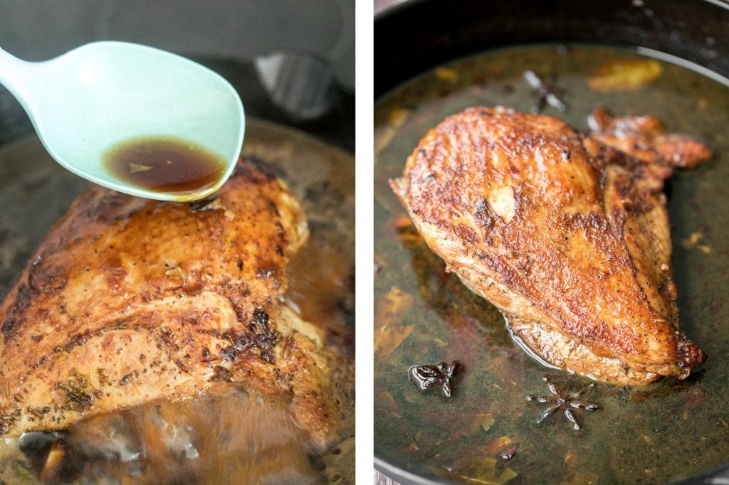 Soy glazed braised turkey breast with Asian five-spice is moist, tender, succulent and the juiciest turkey ever with browned and crispy skin. So flavourful. | aheadofthyme.com