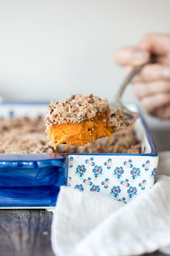 Sweet potato casserole with pecans packed with tender sweet potatoes and a buttery crunchy pecan topping is the best fall side dish for Thanksgiving dinner. | aheadofthyme.com