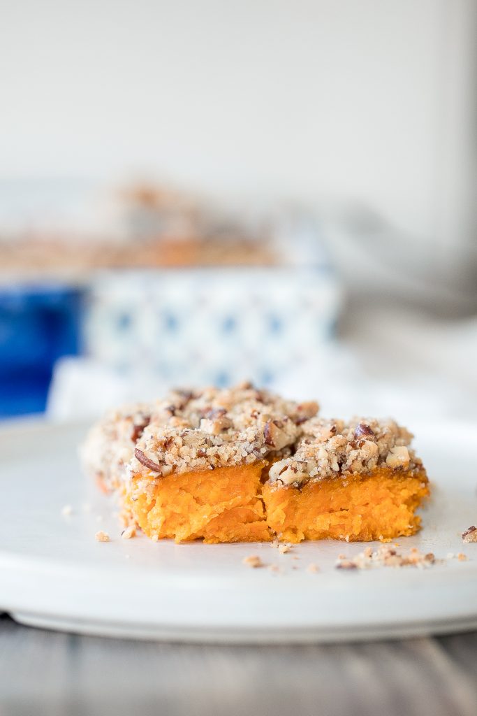 Sweet potato casserole with pecans packed with tender sweet potatoes and a buttery crunchy pecan topping is the best fall side dish for Thanksgiving dinner. | aheadofthyme.com