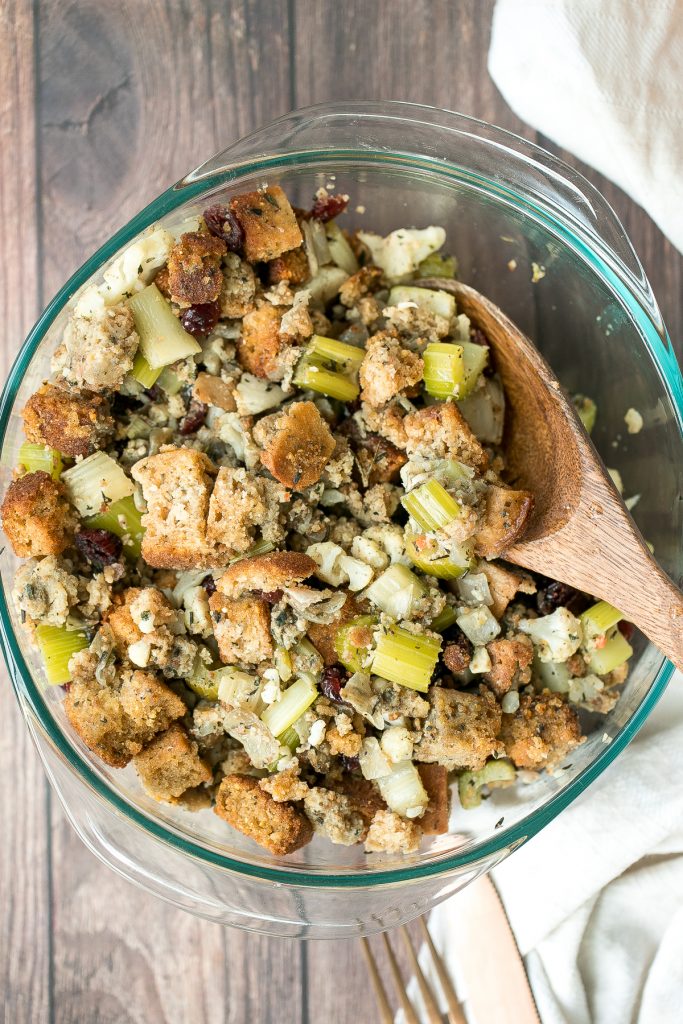 Easy vegetarian cornbread stuffing is the perfect make-ahead side dish to serve this Thanksgiving. So flavourful, moist and soft, yet crispy golden on top. | aheadofthyme.com