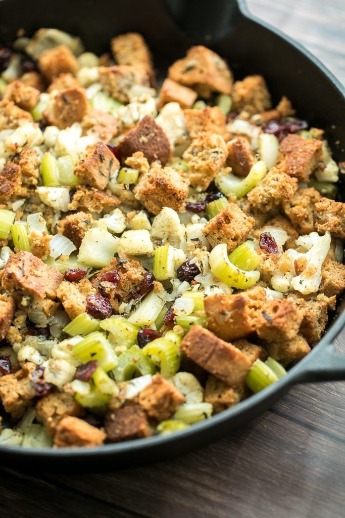 Easy vegetarian cornbread stuffing is the perfect make-ahead side dish to serve this Thanksgiving. So flavourful, moist and soft, yet crispy golden on top. | aheadofthyme.com