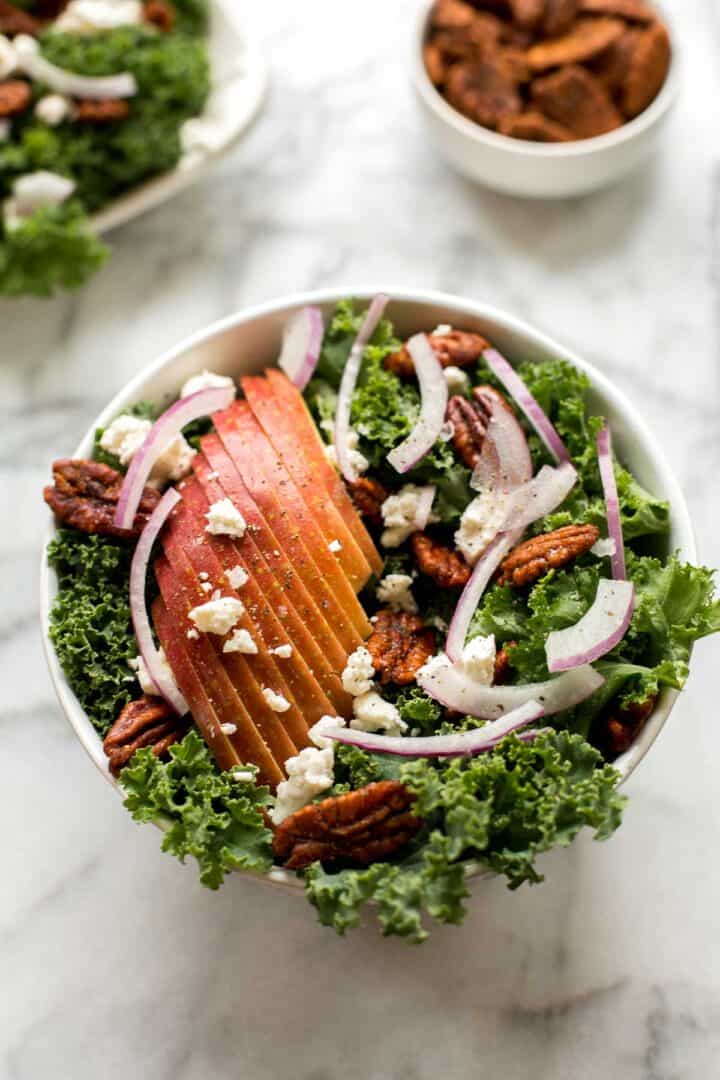 Winter Kale Salad with Apple Cider Vinaigrette and Spiced Pecans