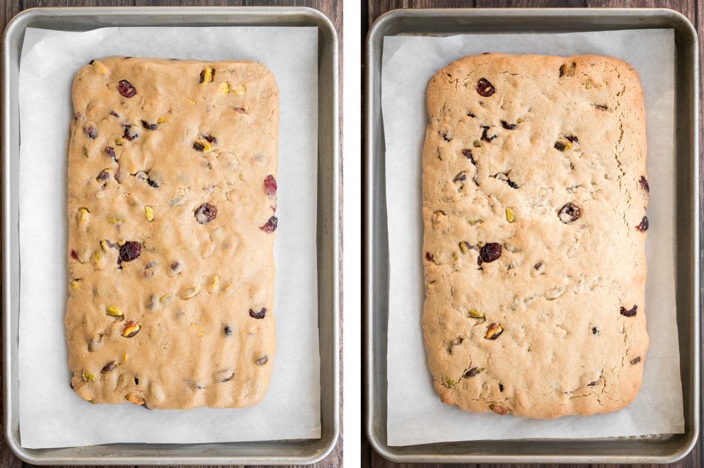 Festive cranberry pistachio biscotti are crunchy, delicious, and perfect for dunking. This Italian cookie is easy to make with warm holiday flavours. | aheadofthyme.com