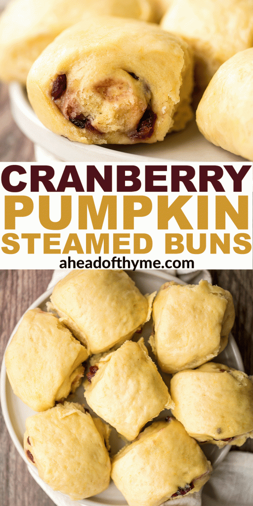 Cranberry pumpkin steamed buns (baozi) are light, spongy, and fluffy Chinese buns packed with colourful cranberries and pumpkin puree for the best flavour. | aheadofthyme.com