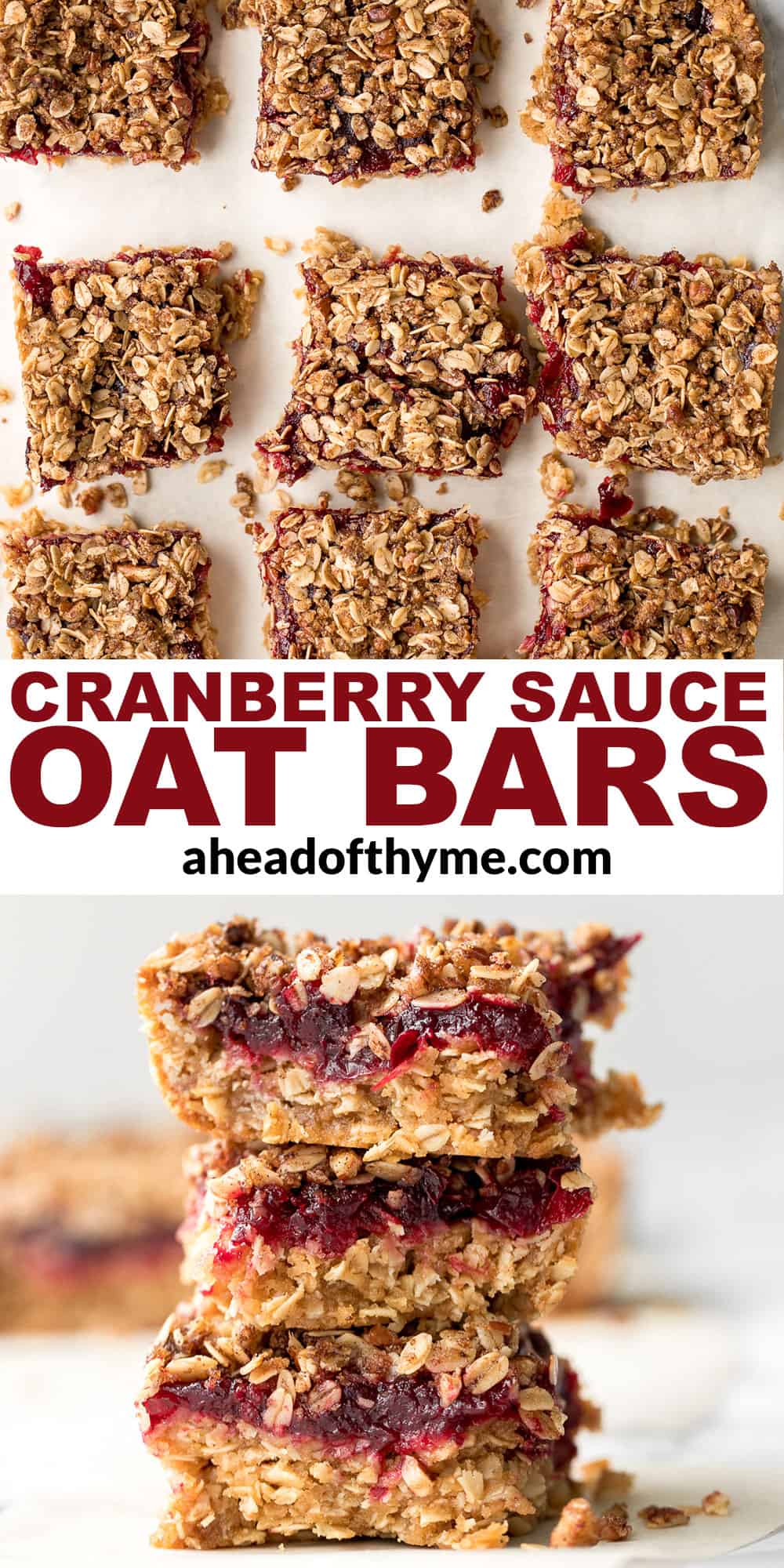 Easy cranberry sauce oat bars with a buttery crust, cranberry sauce filling, and crumbly pecan oat topping is the best way to use leftover cranberry sauce. | aheadofthyme.com