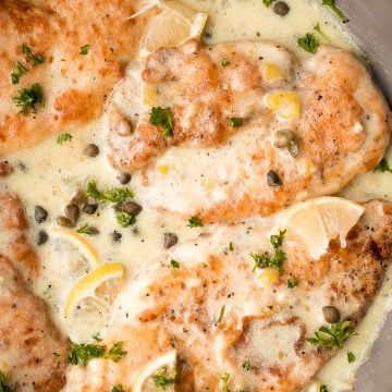 Quick and easy, creamy lemon chicken piccata is a simple and delicious 30-minute meal made with tender chicken breast in a light lemon sauce with capers. | aheadofthyme.com