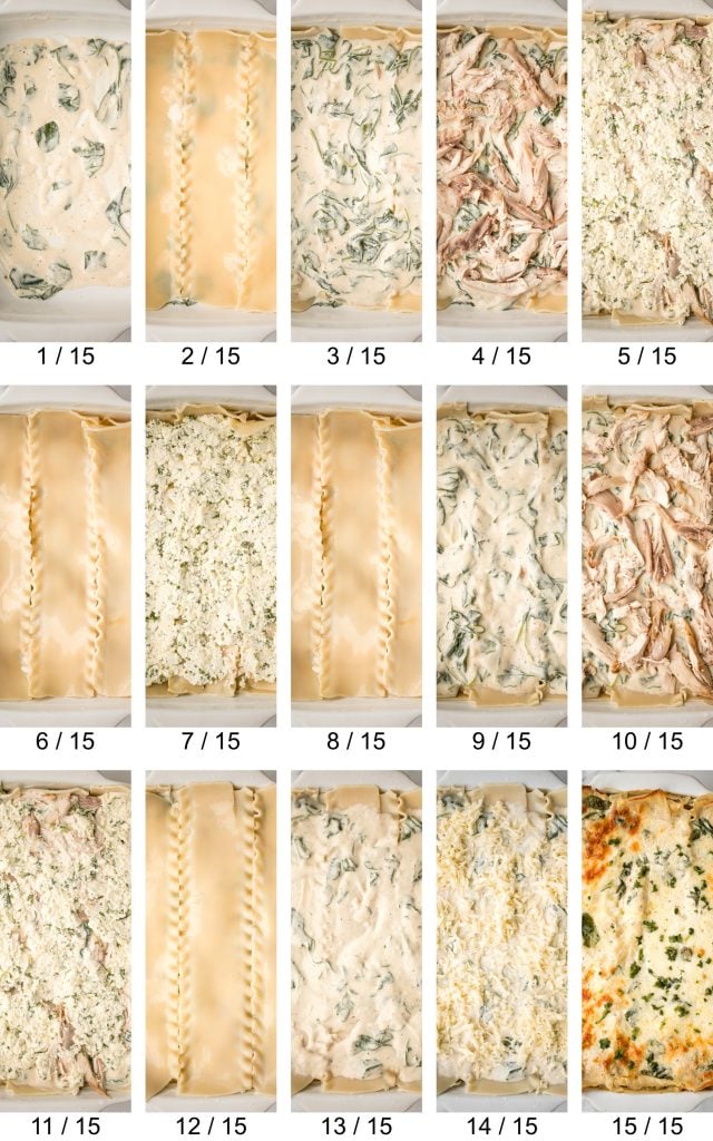 Creamy white chicken and spinach lasagna with tender shredded chicken is the most comforting creamiest cheesiest white lasagna. Easy to make ahead & freeze. | aheadofthyme.com