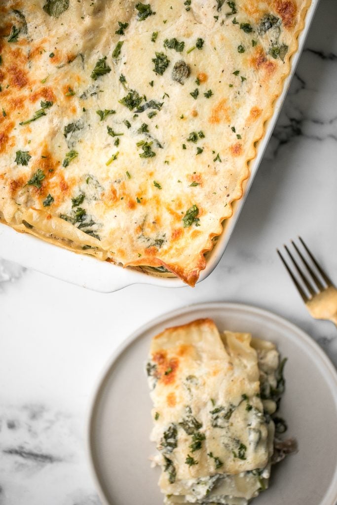 Creamy white chicken and spinach lasagna with tender shredded chicken is the most comforting creamiest cheesiest white lasagna. Easy to make ahead & freeze. | aheadofthyme.com