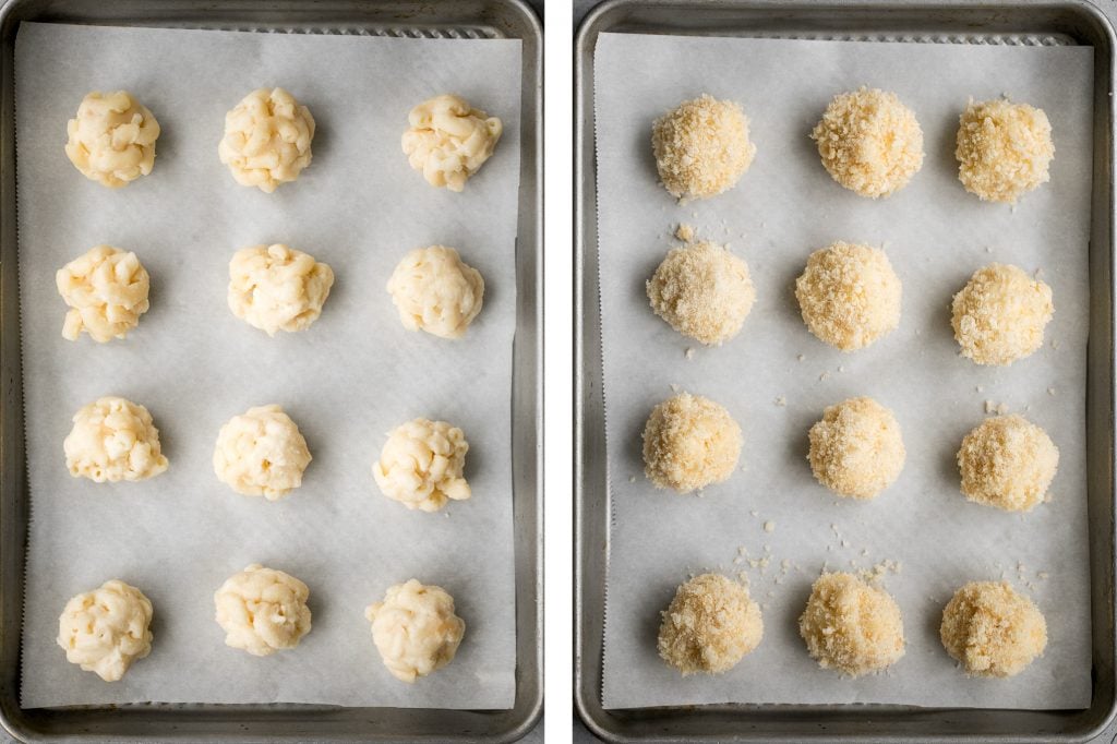 Fried mac and cheese balls are crispy on the outside, creamy and cheesy on the inside, and have the perfect crunch. Best way to use leftover mac and cheese. | aheadofthyme.com