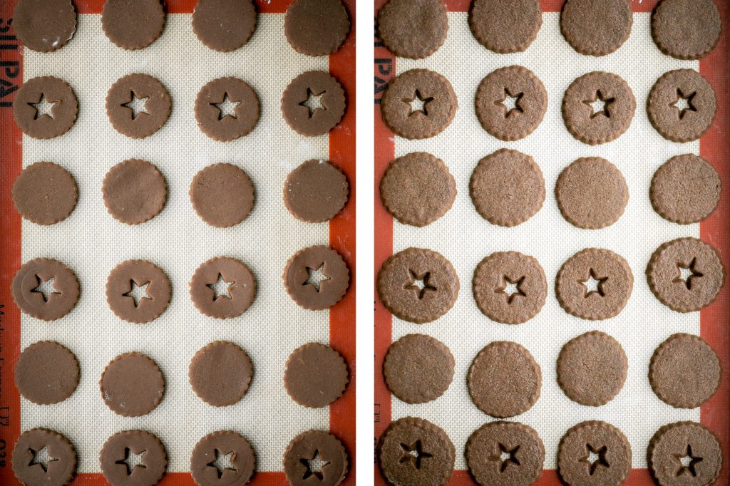 Soft and warmly spiced gingerbread linzer cookies with white chocolate ganache and dusted with confectioners' sugar is a delicious Christmas holiday cookie. | aheadofthyme.com