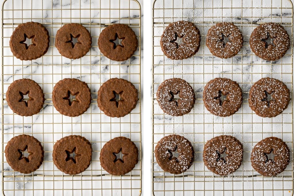 Soft and warmly spiced gingerbread linzer cookies with white chocolate ganache and dusted with confectioners' sugar is a delicious Christmas holiday cookie. | aheadofthyme.com