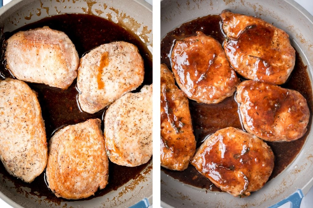 Quick and easy, glazed honey balsamic pork chops are tender and juicy, seared in thyme and coated with a honey balsamic sauce. Make it in under 30 minutes. | aheadofthyme.com