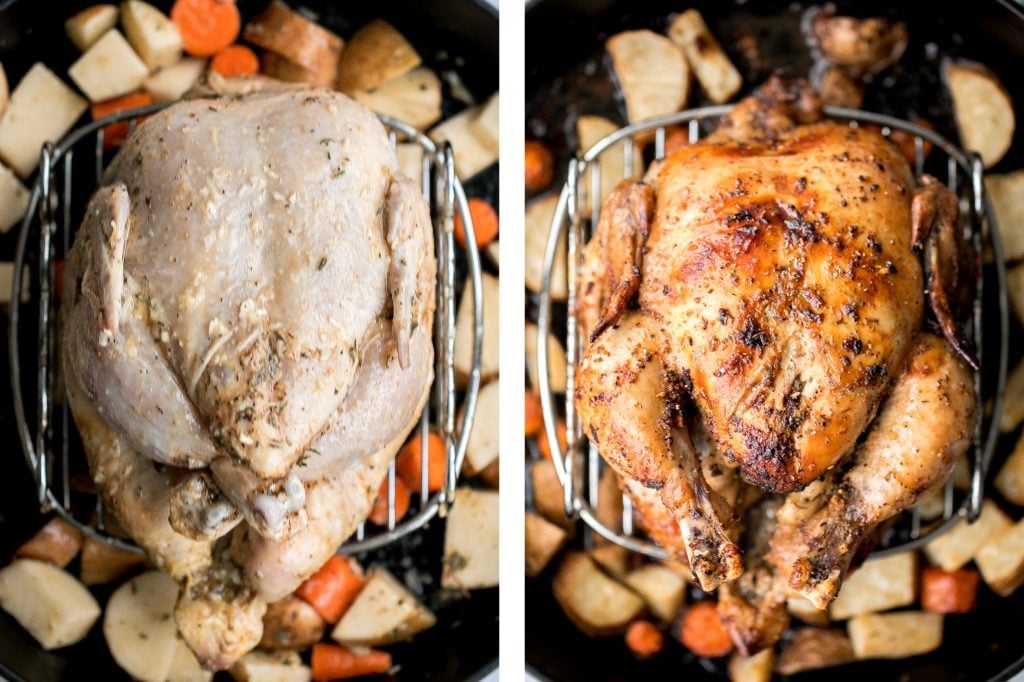 Easy Greek lemon garlic whole roast chicken is tender, juicy and succulent with the crispiest skin. Prep this flavourful one pan meal in just 15 minutes. | aheadofthyme.com