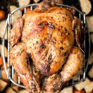 Easy Greek lemon garlic whole roast chicken is tender, juicy and succulent with the crispiest skin. Prep this flavourful one pan meal in just 15 minutes. | aheadofthyme.com