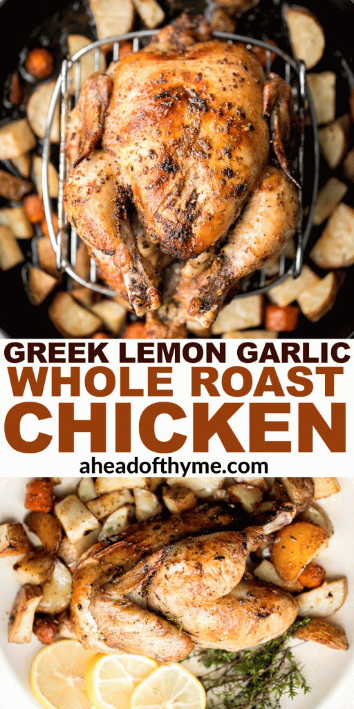 Easy Greek lemon garlic whole roast chicken is tender, juicy and succulent with the crispiest skin. Prep this flavourful one pan meal in just 15 minutes. | aheadofthyme.com