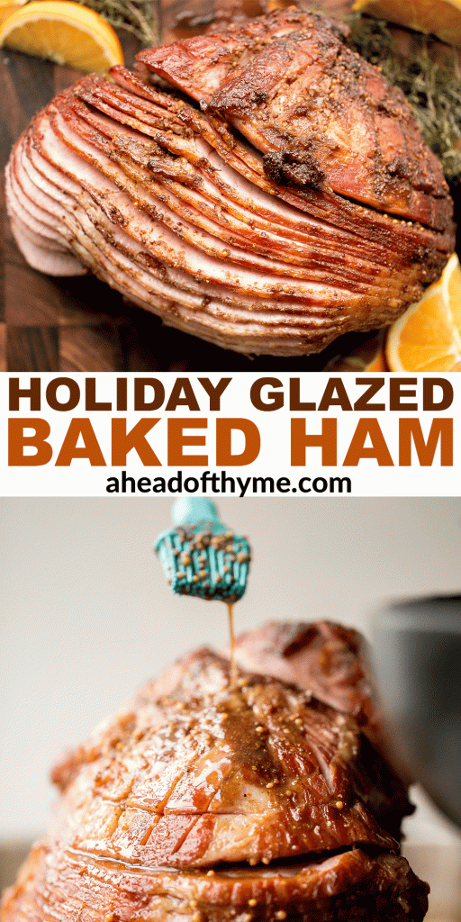 Easy holiday glazed baked ham is juicy, succulent and flavourful, coated in a brown sugar honey glaze with and baked until caramelized and golden brown. | aheadofthyme.com