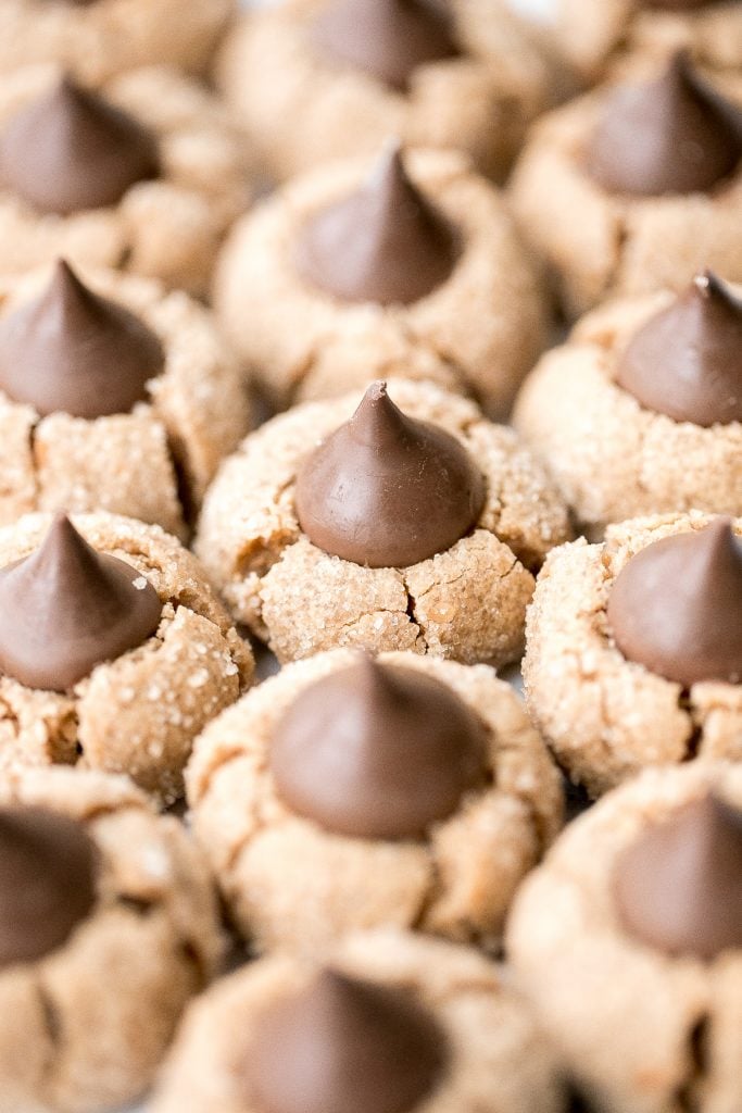 soft chewy Peanut butter blossoms zwieńczone czekoladowym pocałunkiem to klasyczne świąteczne ciastko, które można łatwo zrobić podczas wakacji lub o każdej porze roku. | aheadofthyme.com