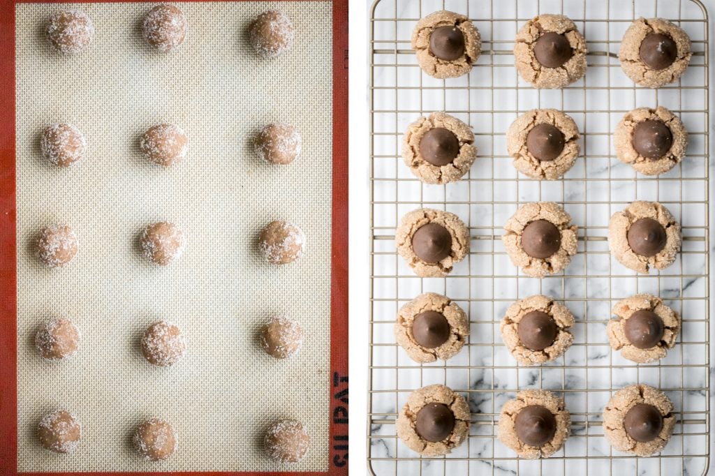 Soft chewy peanut butter blossoms topped with a chocolate kiss are a classic Christmas cookie that is easy to make during the holidays or any time of year. | aheadofthyme.com