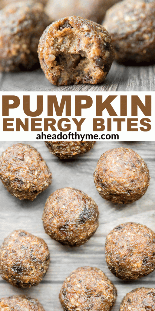 Wholesome and healthy pumpkin energy bites are a delicious, gluten-free and vegan alternative to pumpkin pie. Easy to whip up with just 15 minutes prep. | aheadofthyme.com