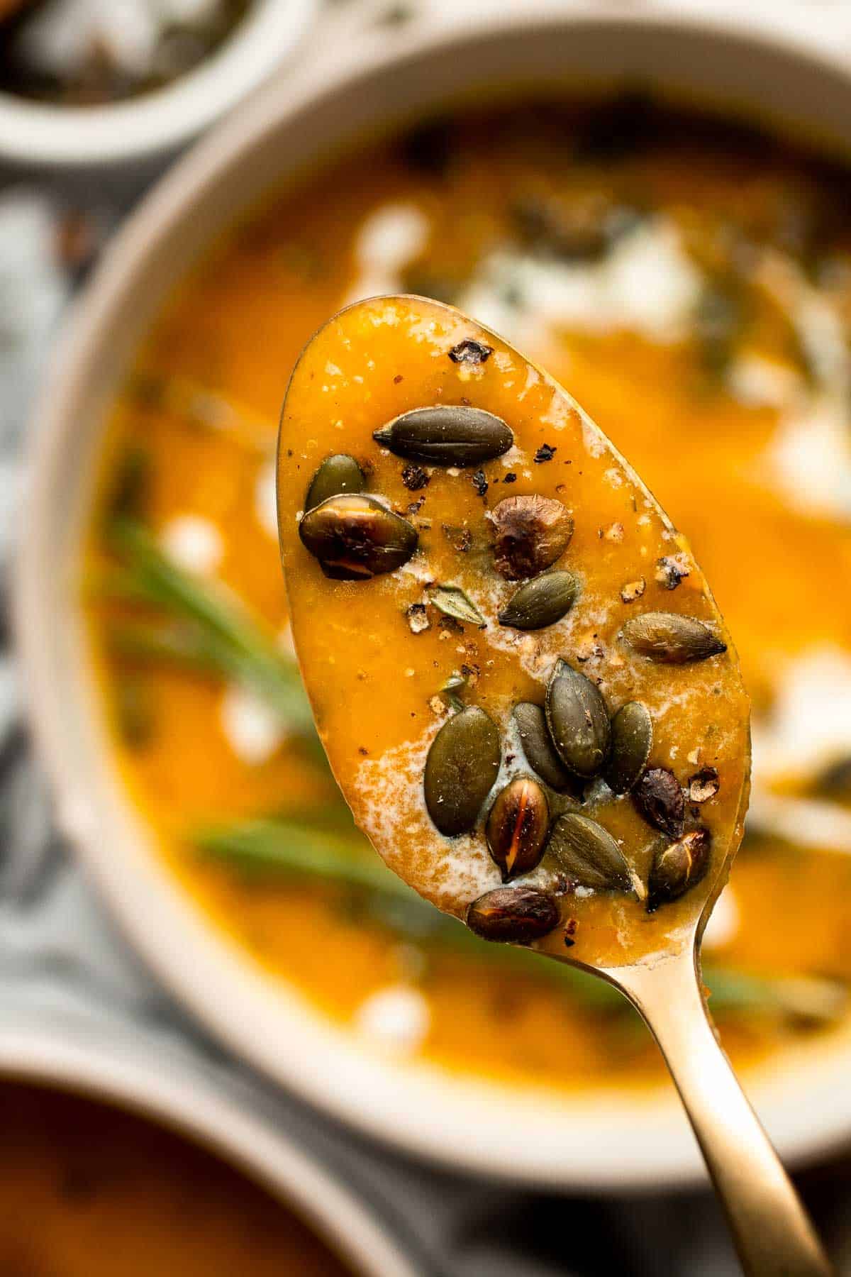 Savor the taste of fall with Roasted Butternut Squash Soup. This vegan soup is healthy, nourishing, and delicious comfort food in a bowl. | aheadofthyme.com