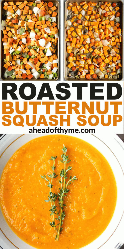 This easy, delicious, vegan roasted butternut squash soup sums up the taste of the holidays in one spoon. Rosemary, sage and thyme, need I say more? | aheadofthyme.com