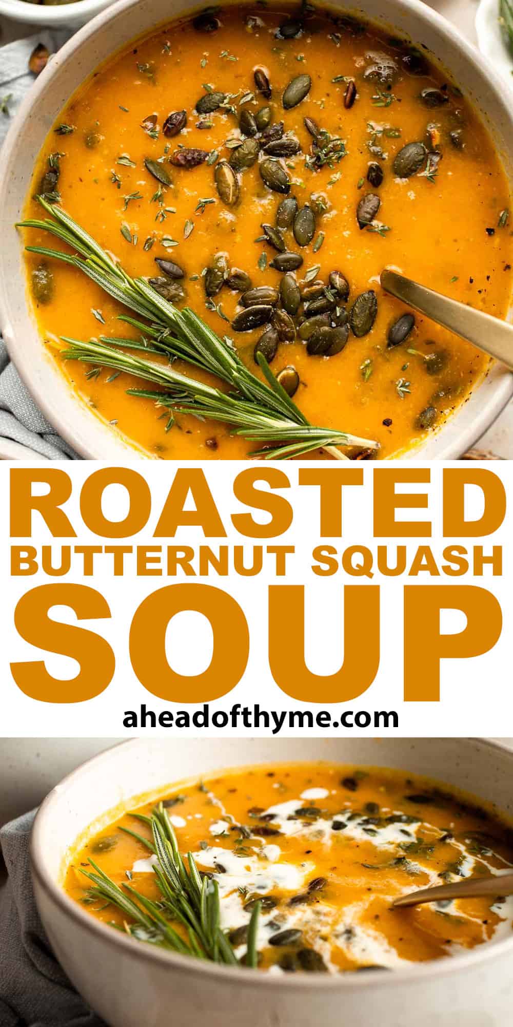 Savor the taste of fall with Roasted Butternut Squash Soup. This vegan soup is healthy, nourishing, and delicious comfort food in a bowl. | aheadofthyme.com