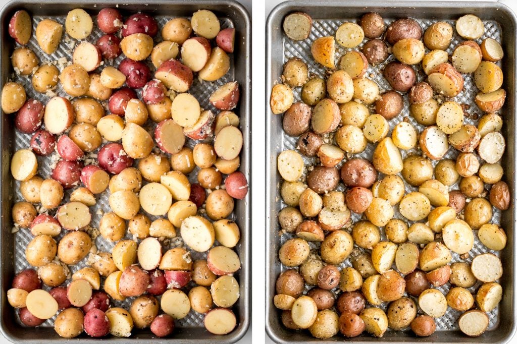 Quick and easy roasted garlic Parmesan baby potatoes are crispy on the edges and tender inside. They are delicious, flavourful and bakes in just 30 minutes. | aheadofthyme.com