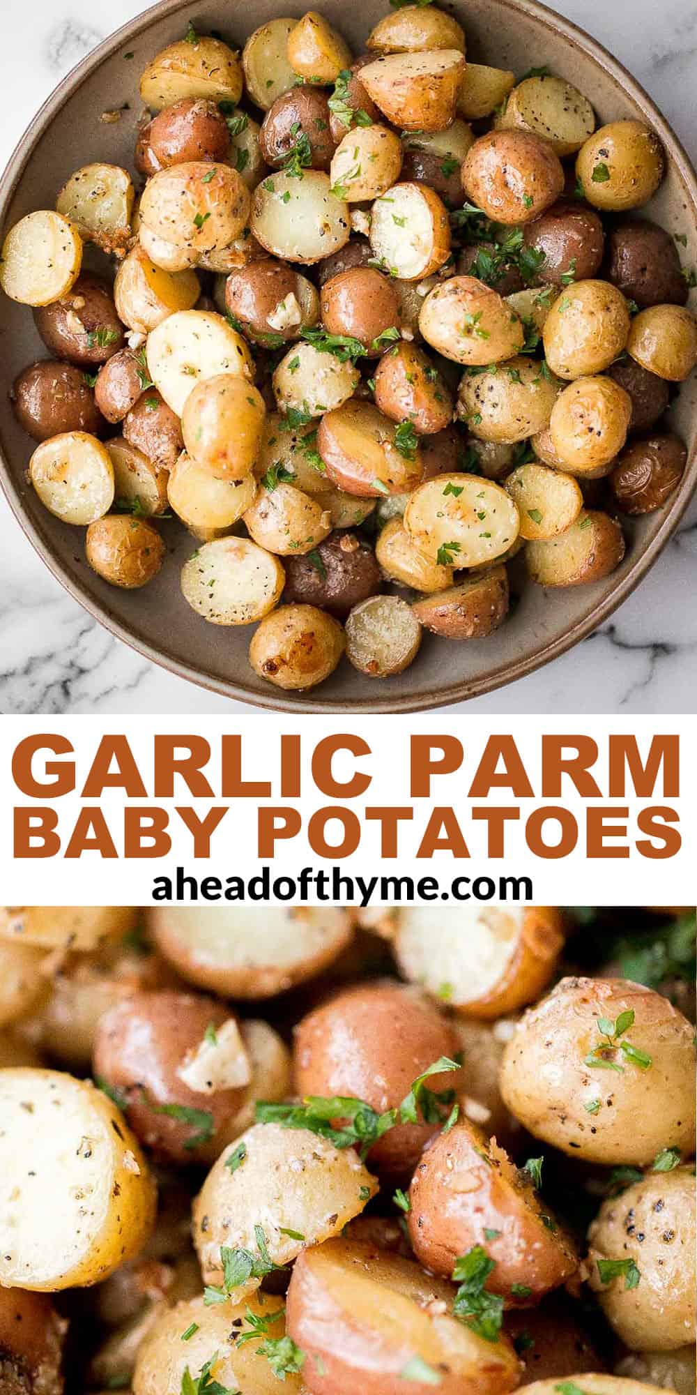 Crispy roasted garlic Parmesan baby potatoes are golden, cheesy, and flavorful. An easy 40-minute side dish perfect for dinner or holidays. | aheadofthyme.com