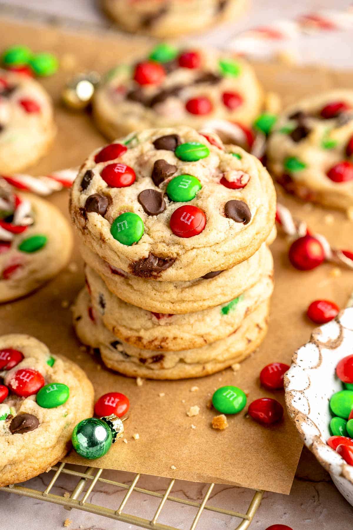 Festive red and green M&M Christmas Cookies that are soft, chewy, and crisp at the edges. Quick and easy, ready in about 20 minutes. | aheadofthyme.com