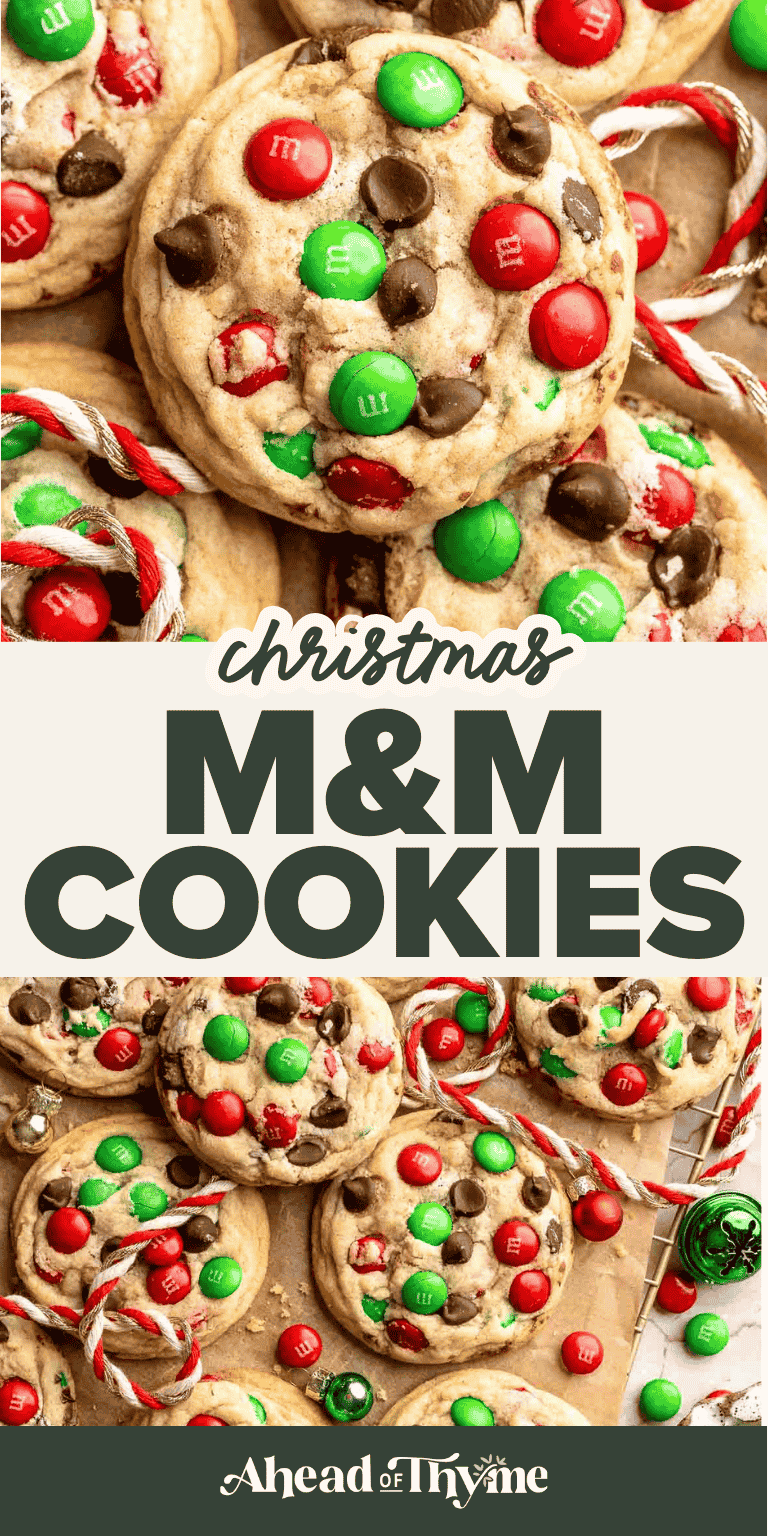 Festive red and green M&M Christmas cookies are super soft and chewy with the crispiest edges. Quick and easy to make in 20 minutes with no chill time. | aheadofthyme.com